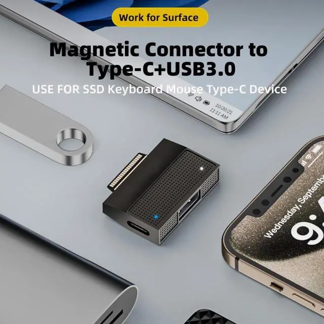 Alt view image 2 of 7 - Xiwai Magnetic to USB3.1 Type-A & 15V Type-C USB-C Data Charge Adapter SF532 for Surface Pro9 Pro8 Pro7 Pro6 Pro X Go Book