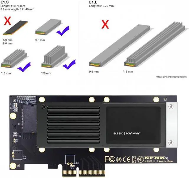 Alt view image 2 of 7 - Cablecc PCI-E 4.0 4X Host Adapter to NVMe Ruler 1U GEN-Z EDSFF 9.5mm 15mm 25mm Thickness Short SSD E1.S with Heat Sink PM9A3 PM9D3 P5801X Carrier Adapter