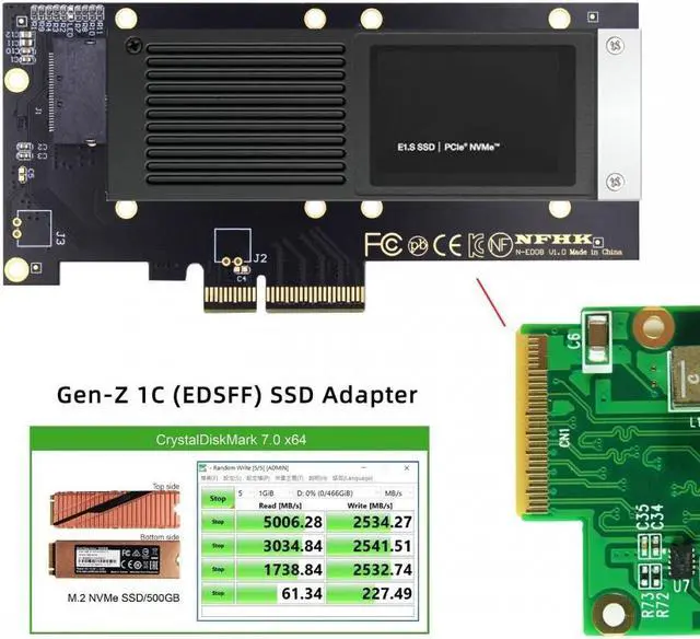 Alt view image 4 of 7 - Cablecc PCI-E 4.0 4X Host Adapter to NVMe Ruler 1U GEN-Z EDSFF 9.5mm 15mm 25mm Thickness Short SSD E1.S with Heat Sink PM9A3 PM9D3 P5801X Carrier Adapter
