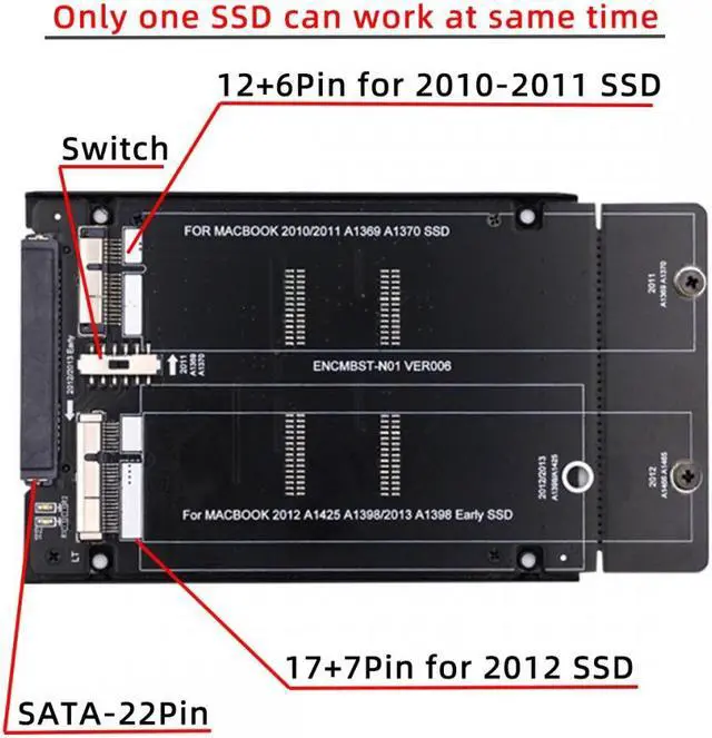 Alt view image 3 of 7 - Jimier 2.5inch SATA 22Pin to 2010 2011 2012  Air Pro Retina SSD 12+6Pin 17+7Pin A1425 A1398 MC975 MC976 Case Enclosure