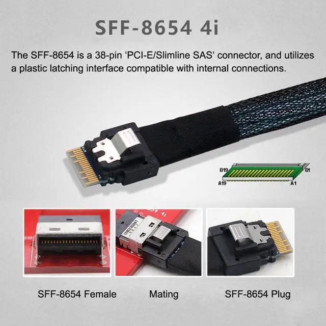 Alt view image 2 of 7 - Chenyang PCI-E 5.0 Mini Cool Edge IO MCIO PCI-E 4i 38Pin Male to SFF-8654 Slimline 4X Extender Cable 50cm