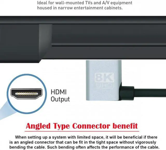 Alt view image 4 of 7 - Cablecc 1.0M HDMI 2.1 Ultra Thin HDTV Cable 8K 4K Hyper Super Flexible Slim Cord Right Angled 90 Degree Type-A Male to Male for Computer HDTV