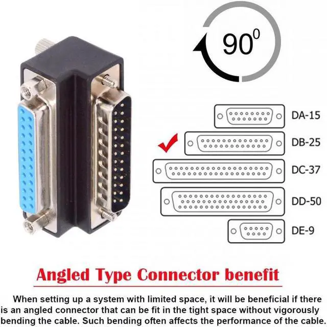 Alt view image 6 of 7 - Cablecc DSUB Parallel LPT AES/EBU DB25pin Male Nut to Female Screw Extension Adapter DB Connector Down 90 Degree Angled