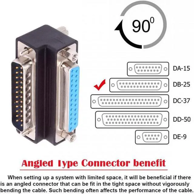 Alt view image 6 of 7 - Cablecc DSUB Parallel LPT AES/EBU DB25pin Male Nut to Female Screw Extension Adapter DB Connector Up 90 Degree Angled