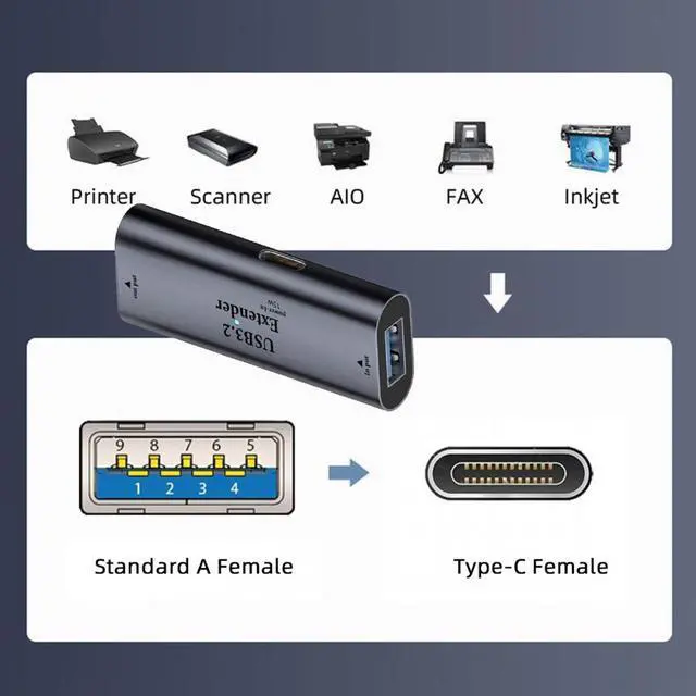 Alt view image 4 of 7 - Jimier USB 3.0 Active Repeater Adapter Type-A Female Host to Type-C Female Device Extender with Chipset for Camera Printer Computer
