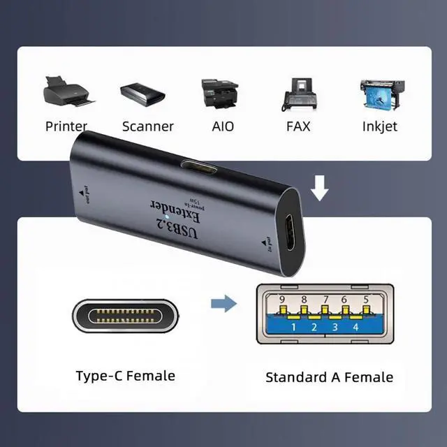 Alt view image 4 of 7 - Jimier USB 3.0 Active Repeater Adapter Type-C Female Host to Type-A Female Device Extender with Chipset for Camera Printer Computer