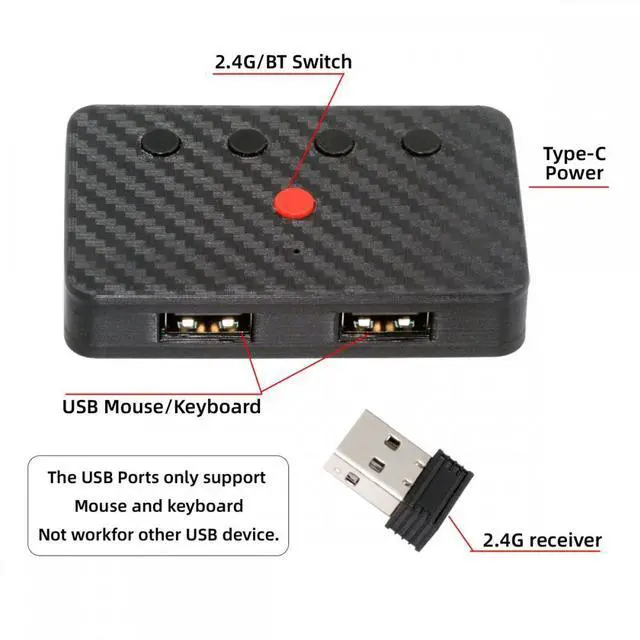 Alt view image 4 of 7 - CY Cable USB Wired Keyboard and Mouse Convert to Wireless 2.4G Bluetooth(BT) Converter with Receiver Type-C Power for Laptop Tablet Phone