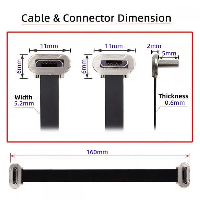 Alt view image 7 of 7 - CY Micro USB2.0 Male to Micro USB Male 5Pin Ultra Slim Flat Data Charge Cable 16cm Down to Up Angle 90 Degree Connector