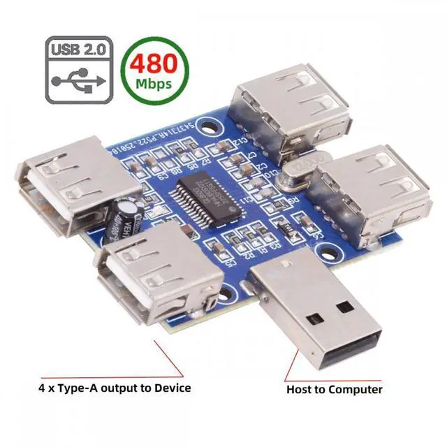 Alt view image 2 of 7 - Cablecc USB 2.0 1-to-4 Four Ports HUB PCBA PCs 4 Devices Type-A Adapter for Keyboard Mouse Scanner Printer