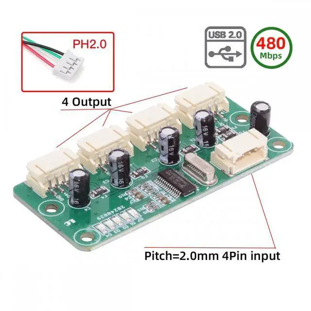 Alt view image 2 of 7 - Cablecc USB 4Pin Pitch=2.0mm Wafer 1-to-4 Four Ports HUB PCBA PCs 4 Devices for Keyboard Mouse Scanner Printer
