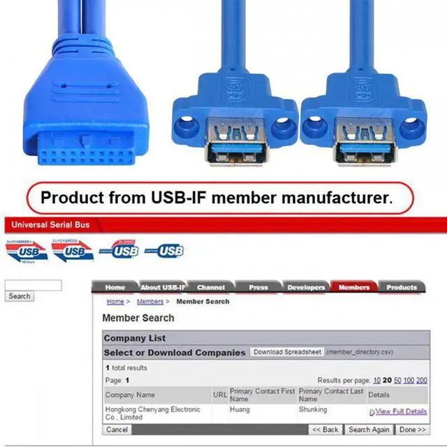 Alt view image 2 of 7 - CY Cable Dual Port USB 3.0 Female Type-A Panel Type to Motherboard 20Pin 19Pin Header Cable 50cm