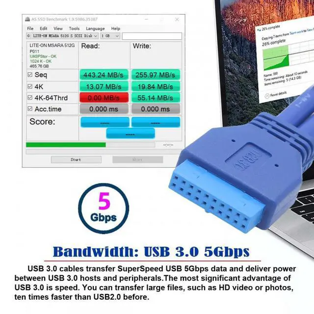 Alt view image 5 of 7 - CY Cable Dual Port USB 3.0 Female Type-A Panel Type to Motherboard 20Pin 19Pin Header Cable 50cm