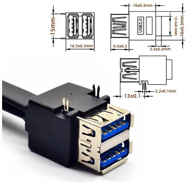Alt view image 2 of 7 - Cablecc Stackable Dual Port USB 3.0 Female Type-A DIP Type to Motherboard 20Pin 19Pin Header Cable with Fixed Feet 50cm