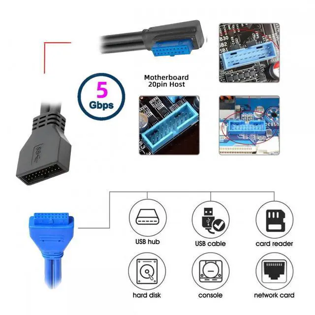 Alt view image 7 of 7 - CY Cable Right Angled USB 3.0 20Pin 19Pin Male Low Profile to Female Extension 5Gbps Cable 90 Degree for Motherboard