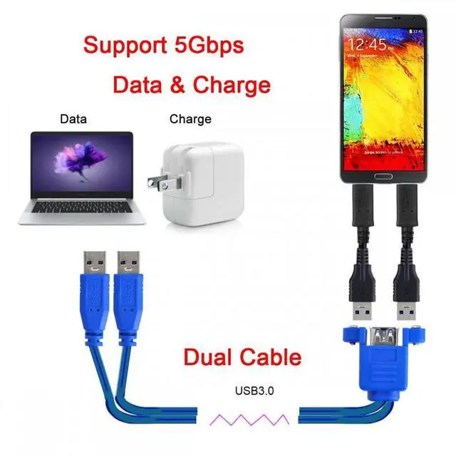 Alt view image 4 of 7 - Cablecc Combo Dual USB 3.0 Male to Stackable Female Extension Cable 50cm with Screw Panel Mount Holes