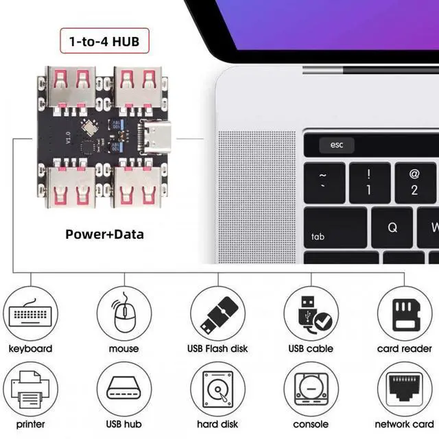 Alt view image 5 of 7 - Jimier USB 2.0 1-to-4 Four Ports HUB PCBA PCs 4 Devices Type-C for Keyboard Mouse Scanner Printer