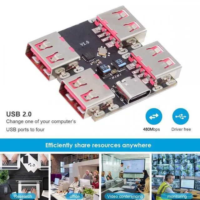 Alt view image 7 of 7 - Jimier USB 2.0 1-to-4 Four Ports HUB PCBA PCs 4 Devices Type-C for Keyboard Mouse Scanner Printer