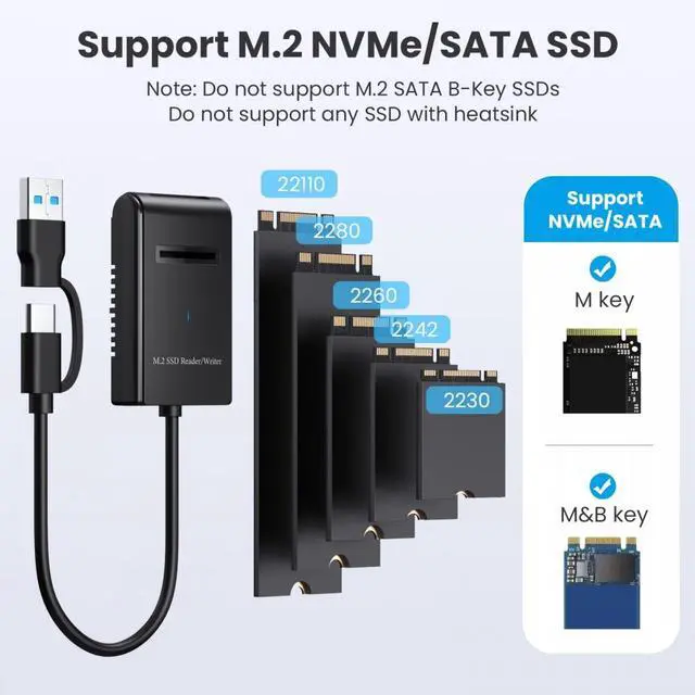 Alt view image 3 of 7 - CY USB 3.0 USB-C Type-C Type-A to NVME M-key M.2 NGFF SATA SSD Docking Horizontal External Cable Enclosure RTL9210B Chipset