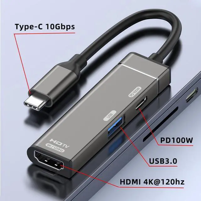 Alt view image 2 of 7 - Chenyang USB-C Type-C to HDMI 4K@120hz USB 3.0 OTG Converter HDTV Multiport Adapter with Female PD 100W Power Port