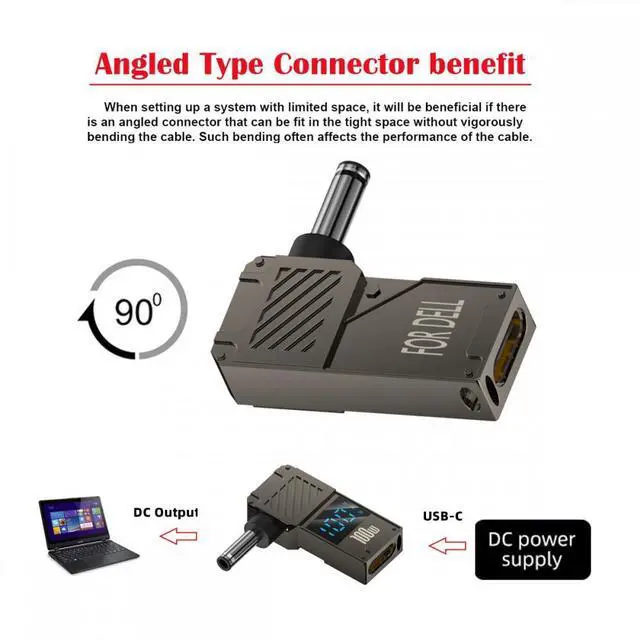 Alt view image 2 of 7 - CY Cable Type-C USB-C Input to DC 4.5x3.0mm Jack Smart LED Display 100W Output Power 20V 5A PD Charge 65W Adapter Compatible with DELLLaptop