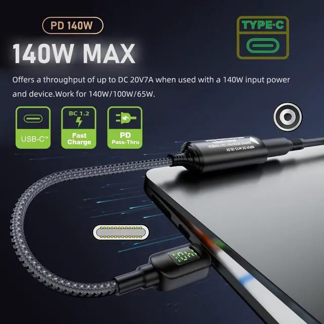 Alt view image 4 of 7 - Xiwai Rectangle Jack Thinkpad X1 Input to USB-C Type-C Power 140W Smart LED Display Charge Cable for Laptop Phone PD9V/5V/20V/7A