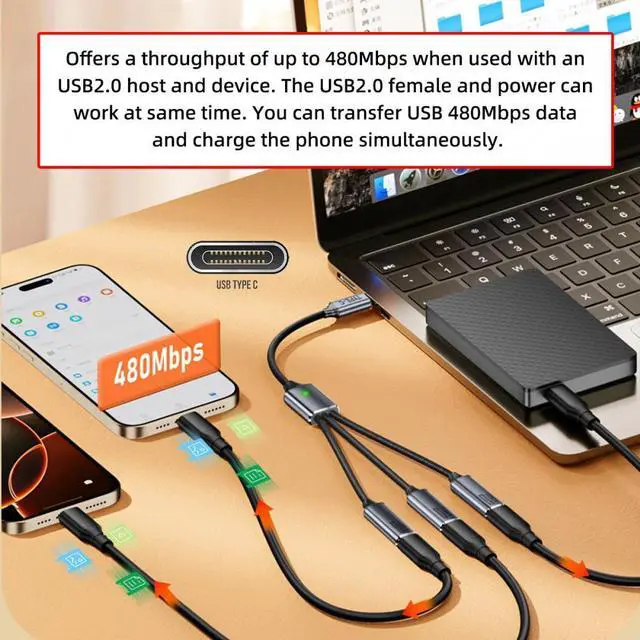 Alt view image 2 of 7 - Jimier USB 2.0 Type-C USB-C to 3 Ports Hub Cable Bus Power 1 to 3 Data for Laptop Desktop Phone Mouse Keyboard Printer Disk