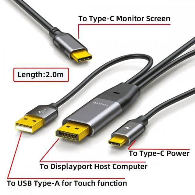 Alt view image 3 of 7 - Chenyang Reversed Displayport Source to Type C USB-C Touch Screen Displays Male 4K HDTV Cable for Laptop Monitor 2.0m