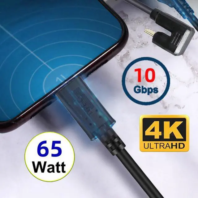 Alt view image 2 of 7 - Cablecc USB3.1 Type-C Male to USB-C 360 Degree Opposite Back Angled 10Gbps Data 4K Cable 65W