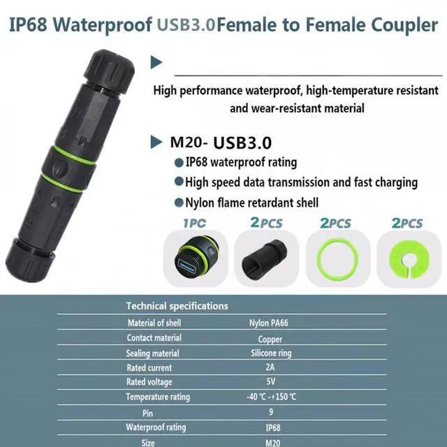Alt view image 3 of 7 - Xiwai M20 Locking IP68 Waterproof Type-A USB3.0 5Gbps USB-A Female to USB-A Female Extension Adapter Coupler