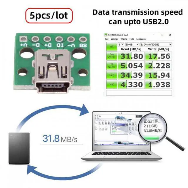 Alt view image 5 of 7 - Xiwai 5pcs/set DIY OEM USB2.0 Mini-B Female Receptacle Socket Connector Horizontal with PCB Mounting Assembly Solder Type 480Mbps