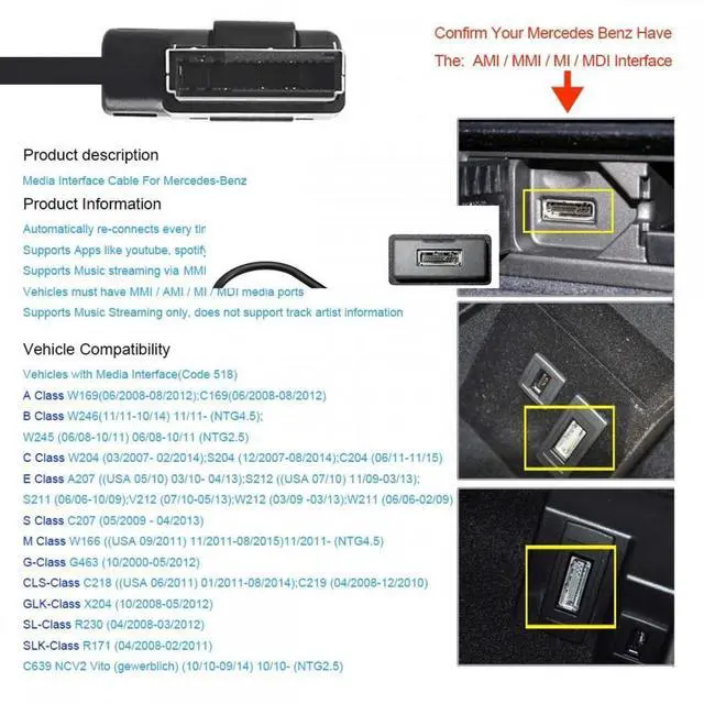 Alt view image 2 of 7 - Xiwai AMI MDI to 3.5mm Audio AUX Male Music Cable Compatible with Benz 2008-2016 Music Interface 1.3m
