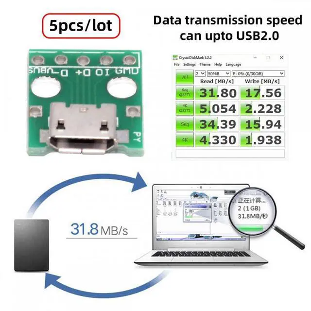 Alt view image 5 of 7 - Cablecc 5pcs/set DIY OEM USB2.0 Micro-B Female Receptacle Socket Connector with Flange PCB Mounting Assembly Solder Type 480Mbps