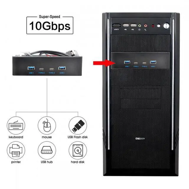 Alt view image 4 of 7 - CY 10Gbps USB 3.1 Type-A & Type-C HUB 4 Ports Front Panel to Motherboard Type-E Connector Cable 10Gbps for 5.25" CD-ROM Bay Tray