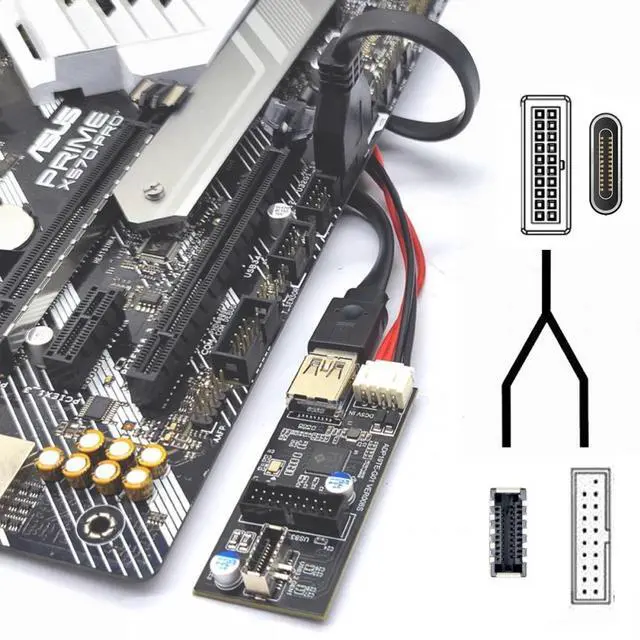 Alt view image 6 of 7 - Chenyang Type-C USB-C & 19/20Pin Header to USB 3.0 20Pin & Type-E Dual Ports Female PCBA Type Adapter Splitter HUB 5Gbps