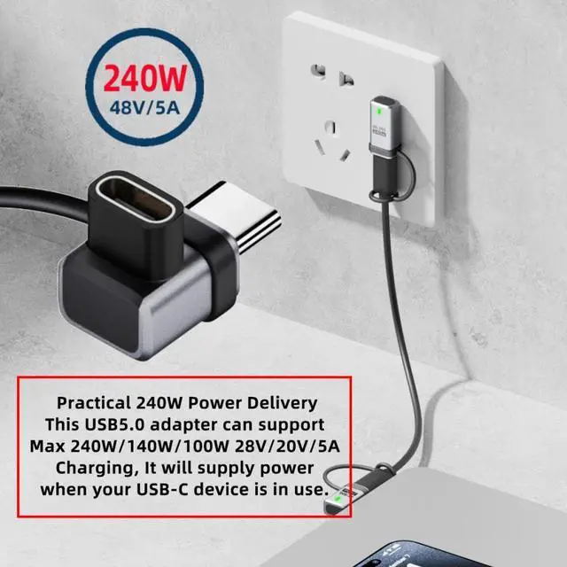 Alt view image 2 of 7 - Xiwai 90 Degree USB5.0 80Gbps Male to Female Low Profile Down Up Angled Extension Adapter with Lanyard Keychain 240W 16K 8K 5K Compatible with USB4.0 Thunderbolt3/4/5