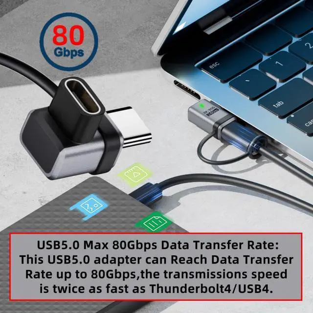 Alt view image 3 of 7 - Xiwai 90 Degree USB5.0 80Gbps Male to Female Low Profile Down Up Angled Extension Adapter with Lanyard Keychain 240W 16K 8K 5K Compatible with USB4.0 Thunderbolt3/4/5