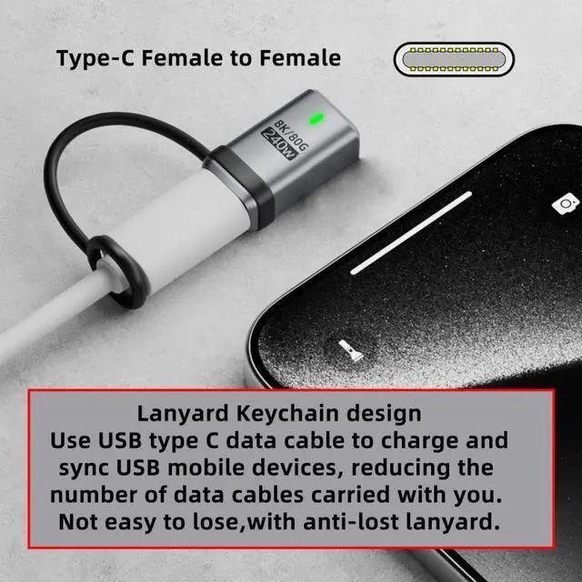 Alt view image 6 of 7 - Jimier USB5.0 80Gbps Female to Female Extension Adapter with Lanyard Keychain 240W 16K 8K 5K Compatible with USB4.0 Thunderbolt3/4/5