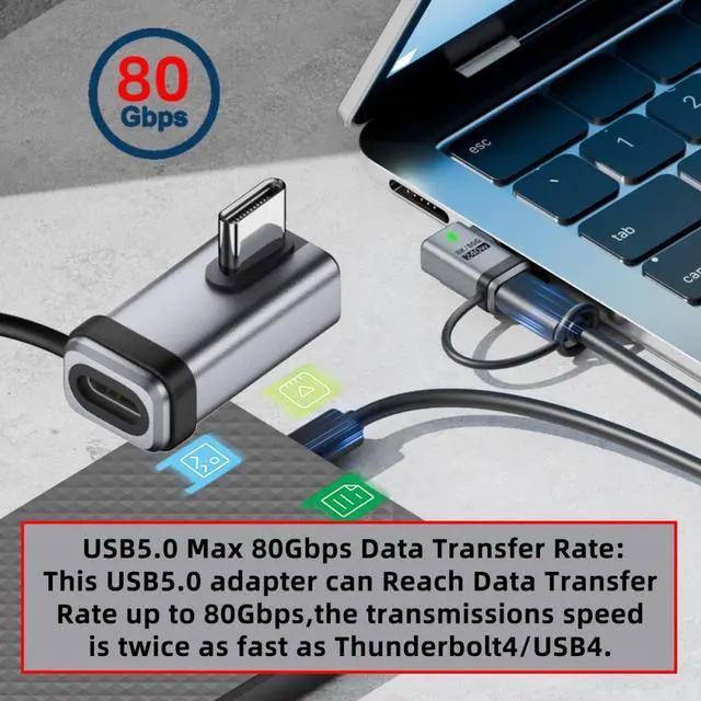 Alt view image 3 of 7 - Jimier 90 Degree USB5.0 80Gbps Male to Female Low Profile Left Right Angled Extension Adapter with Lanyard Keychain 240W 16K 8K 5K Compatible with USB4.0 Thunderbolt3/4/5