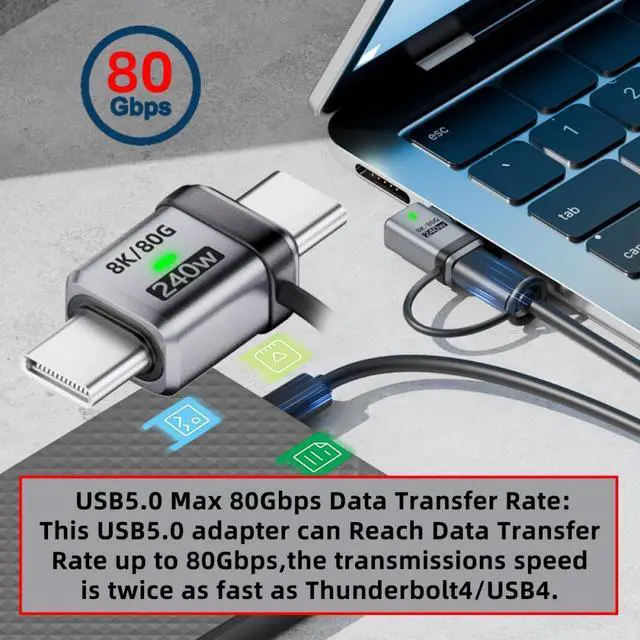 Alt view image 3 of 7 - Jimier 90 Degree USB5.0 80Gbps Male to Male Straight Extension Adapter with Lanyard Keychain 240W 16K 8K 5K Compatible with USB4.0 Thunderbolt3/4/5