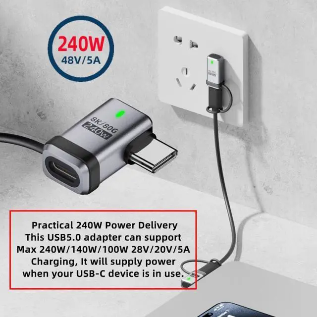 Alt view image 2 of 7 - Jimier 90 Degree USB5.0 80Gbps Male to Female Left Right Angled Extension Adapter with Lanyard Keychain 240W 16K 8K 5K Compatible with USB4.0 Thunderbolt3/4/5