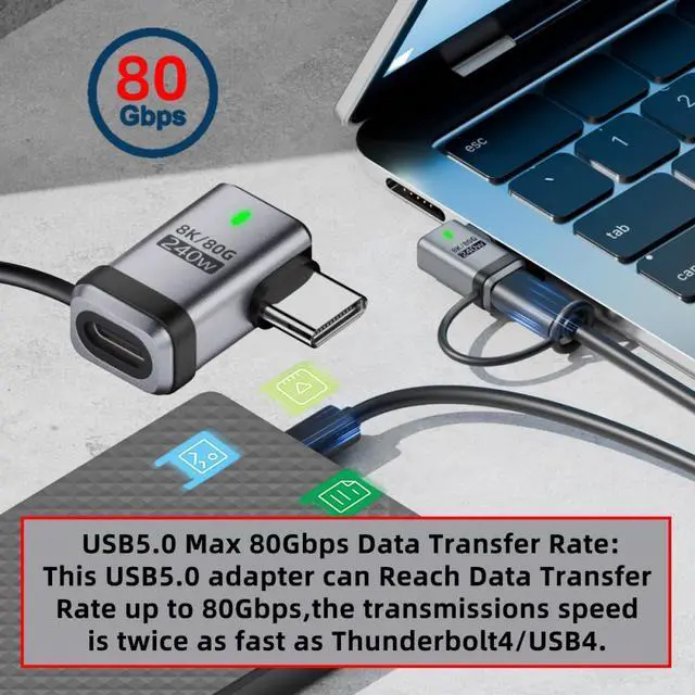 Alt view image 3 of 7 - Jimier 90 Degree USB5.0 80Gbps Male to Female Left Right Angled Extension Adapter with Lanyard Keychain 240W 16K 8K 5K Compatible with USB4.0 Thunderbolt3/4/5