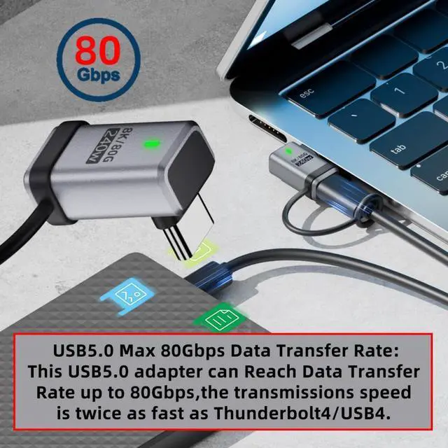 Alt view image 3 of 7 - CY 90 Degree USB5.0 80Gbps Male to Female Up Down Angled Extension Adapter with Lanyard Keychain 240W 16K 8K 5K Compatible with USB4.0 Thunderbolt3/4/5
