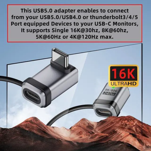 Alt view image 4 of 7 - CY 90 Degree USB5.0 80Gbps Male to Female Up Down Angled Extension Adapter with Lanyard Keychain 240W 16K 8K 5K Compatible with USB4.0 Thunderbolt3/4/5