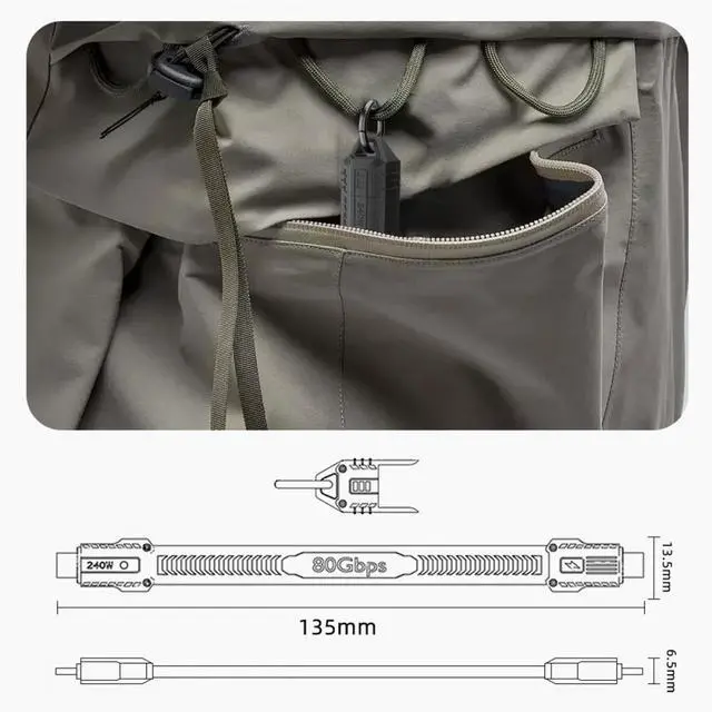 Alt view image 7 of 7 - Cablecc USB5.0 80Gbps Flat Slim FPC Cable 240W 16K@30hz 8K 60Hz 5K Lanyard Strap Chain Compatible with 40Gbps USB4.0 Thunderbolt3/4/5 (Grey Color)