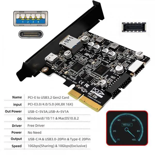 Alt view image 6 of 7 - Chenyang 10Gbps Type-E USB 3.1 Front Socket & USB3.0 19Pin/20Pin & Type-A USB-C to PCI-E Express Card Adapter ASM3142 VL822