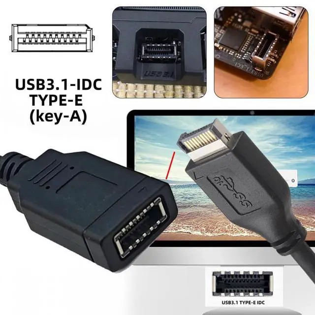 Alt view image 6 of 7 - Cablecc Dual Port Type-A & USB 3.1 Front Panel Socket Key-A Type-E to USB 2.0 9Pin 10Pin Mainboard Header Male Extension Cable