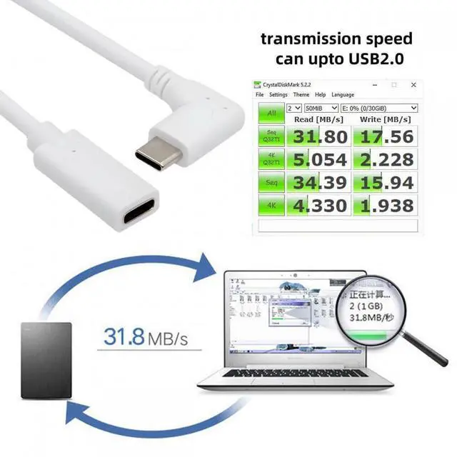 Alt view image 2 of 7 - Cablecc White USB-C Type-C Male to Female Extension Power USB2.0 Data Cable 90 Degree Left Right Angled 65W Fast Charge for Laptop Tablet Phone