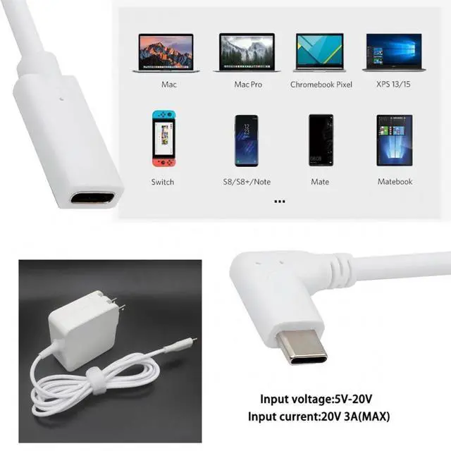 Alt view image 3 of 7 - Cablecc White USB-C Type-C Male to Female Extension Power USB2.0 Data Cable 90 Degree Left Right Angled 65W Fast Charge for Laptop Tablet Phone