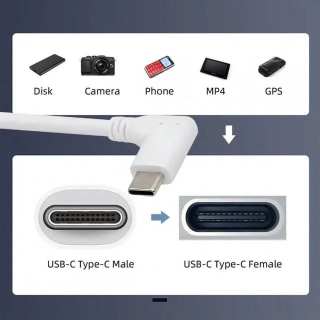Alt view image 6 of 7 - Cablecc White USB-C Type-C Male to Female Extension Power USB2.0 Data Cable 90 Degree Left Right Angled 65W Fast Charge for Laptop Tablet Phone