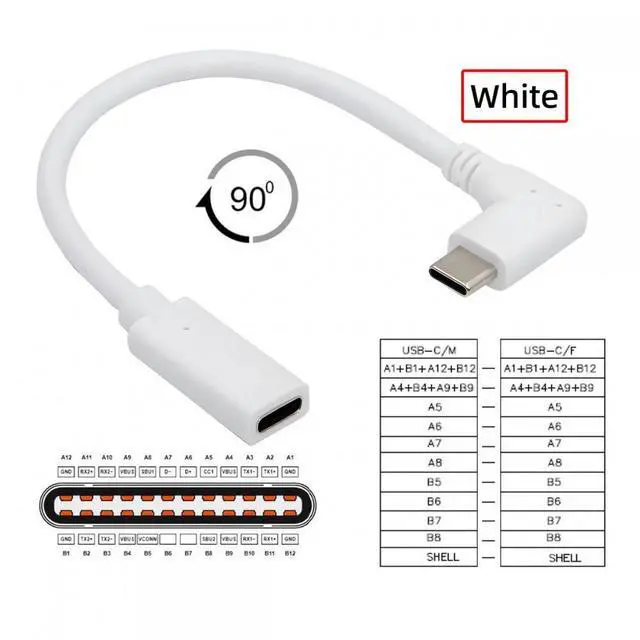 Alt view image 7 of 7 - Cablecc White USB-C Type-C Male to Female Extension Power USB2.0 Data Cable 90 Degree Left Right Angled 65W Fast Charge for Laptop Tablet Phone